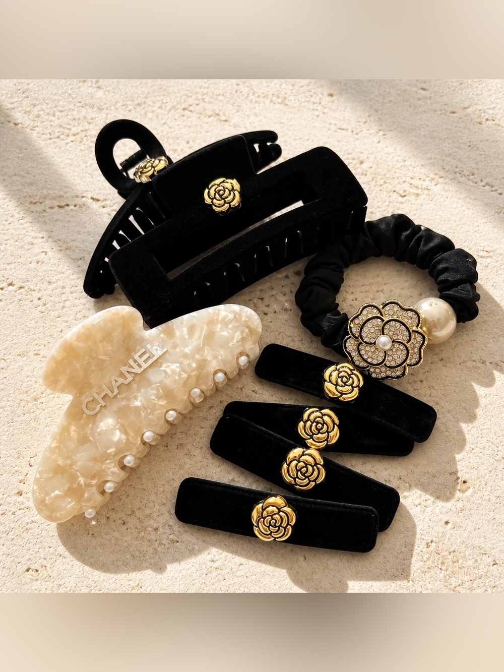 CHANEL Black Velvet and Ivory Pearl Camellia Hair Clip Set. 8 pieces